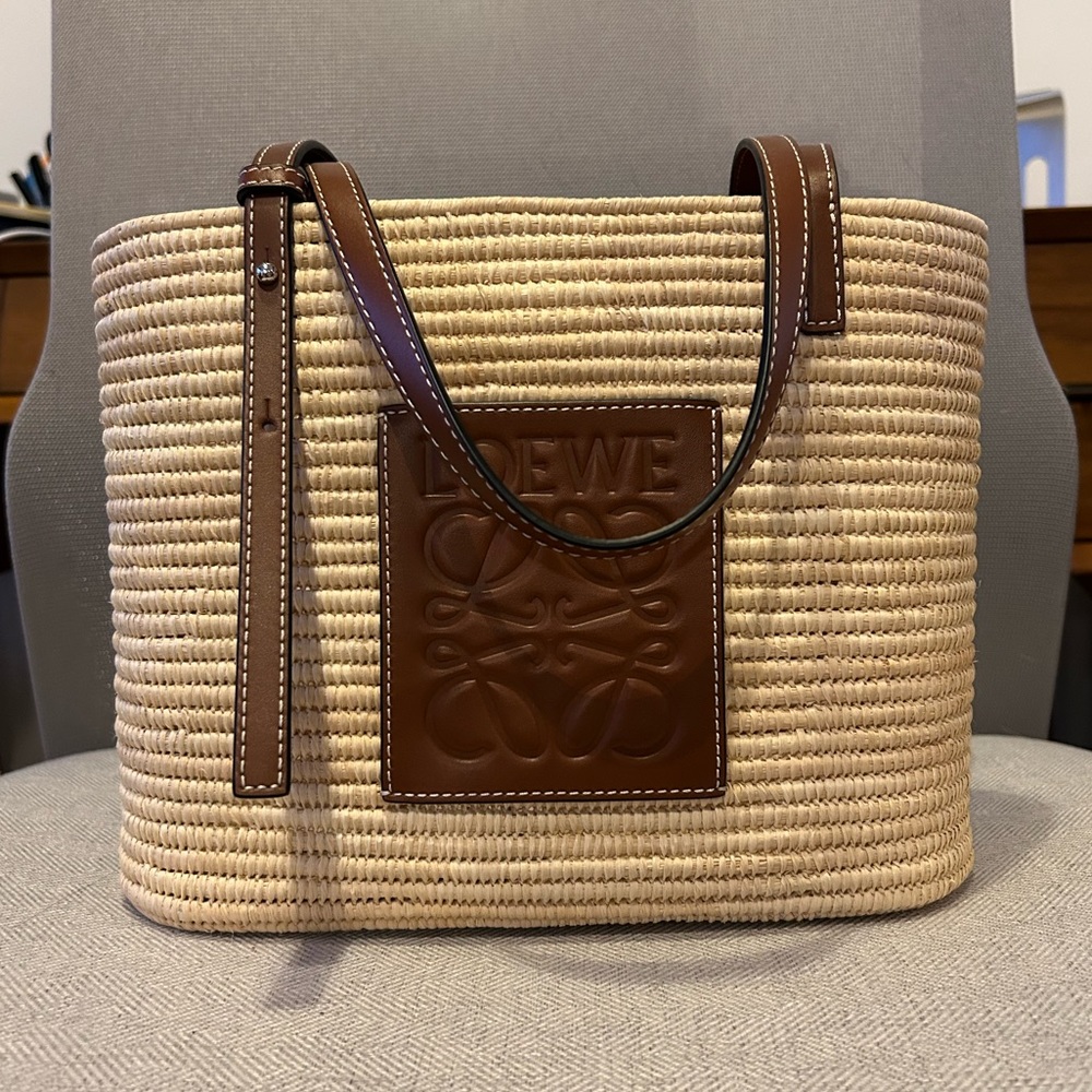 Loewe Brown Leather Trim Square Raffia Tote LIKE NEW